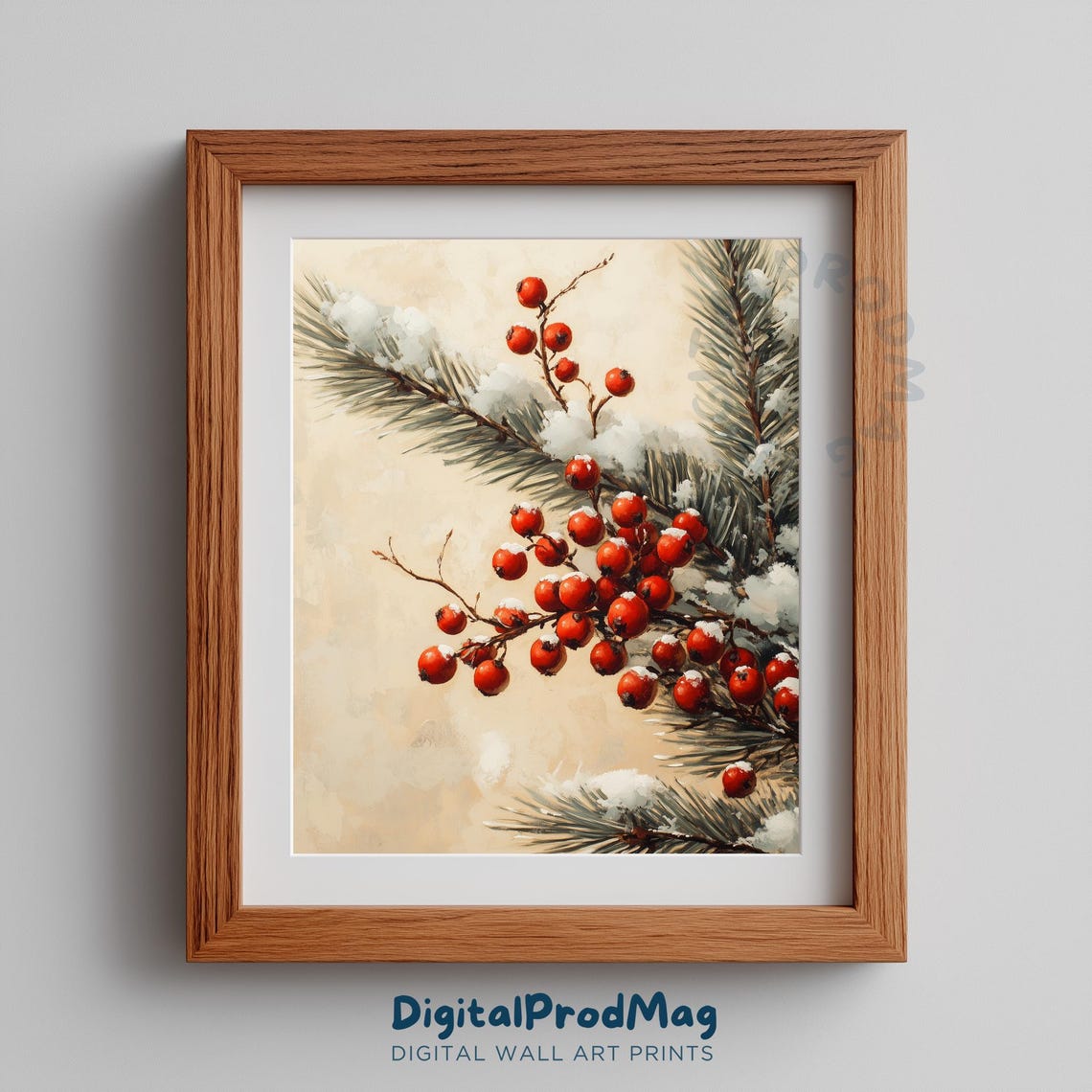 Bright Red Winter Berries Snowy Pine Branch Rustic Christmas Print