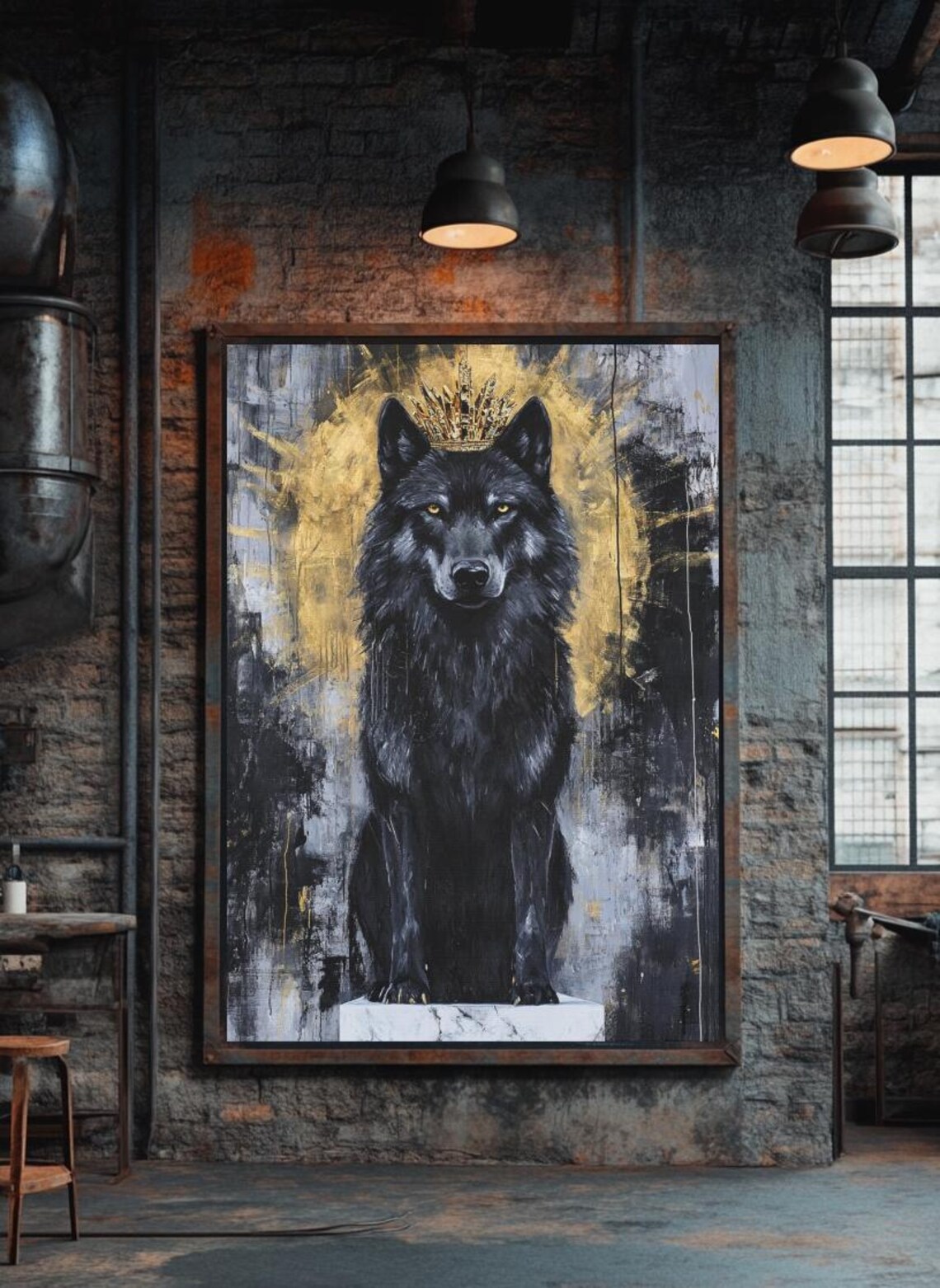 Royal Black Wolf Wearing Gold Crown Moody Luxury Animal Painting Poster