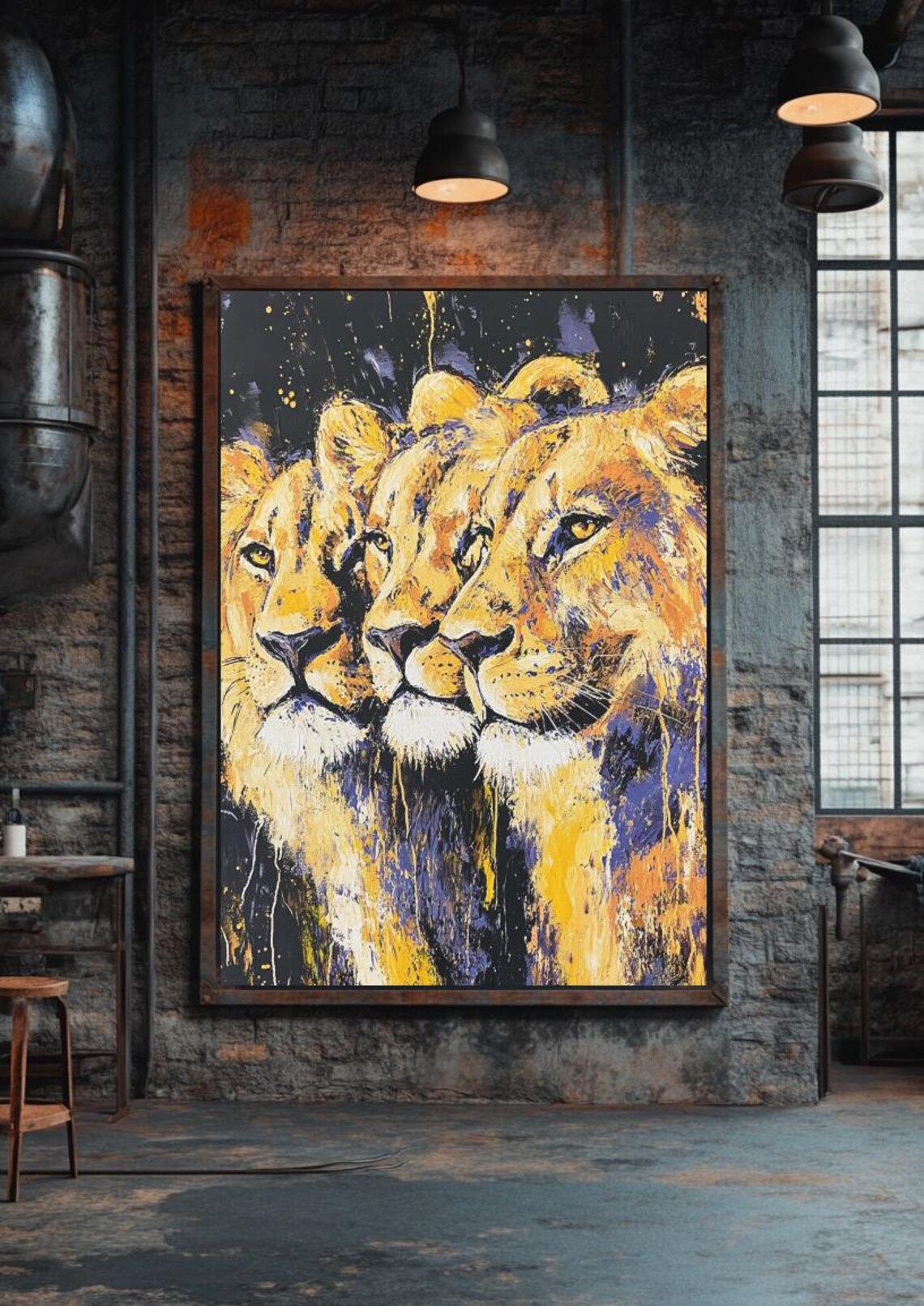 Golden Lion Trio Abstract Wildlife Painting Bold Statement Poster