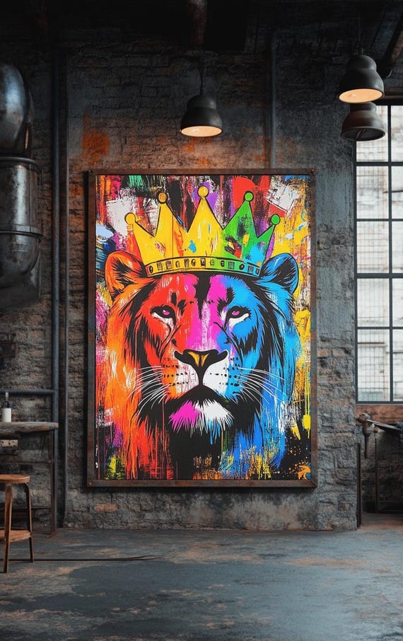 Colorful Lion Wall Art King Canvas Print Graffiti Animal Poster Crowned Decor Urban Jungle Modern Luxury