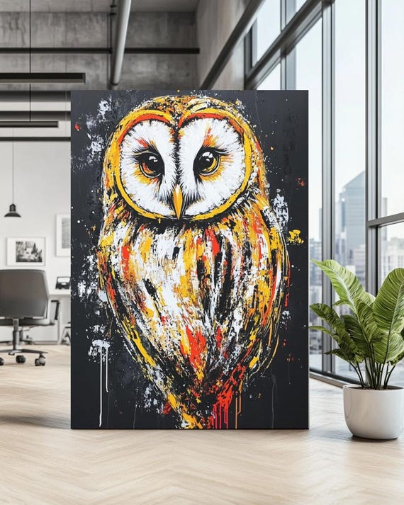 Abstract Owl Wall Art Modern Barn Canvas Colorful Wildlife Painting Office Animal Decor Bird Artwork Natureinspired Print