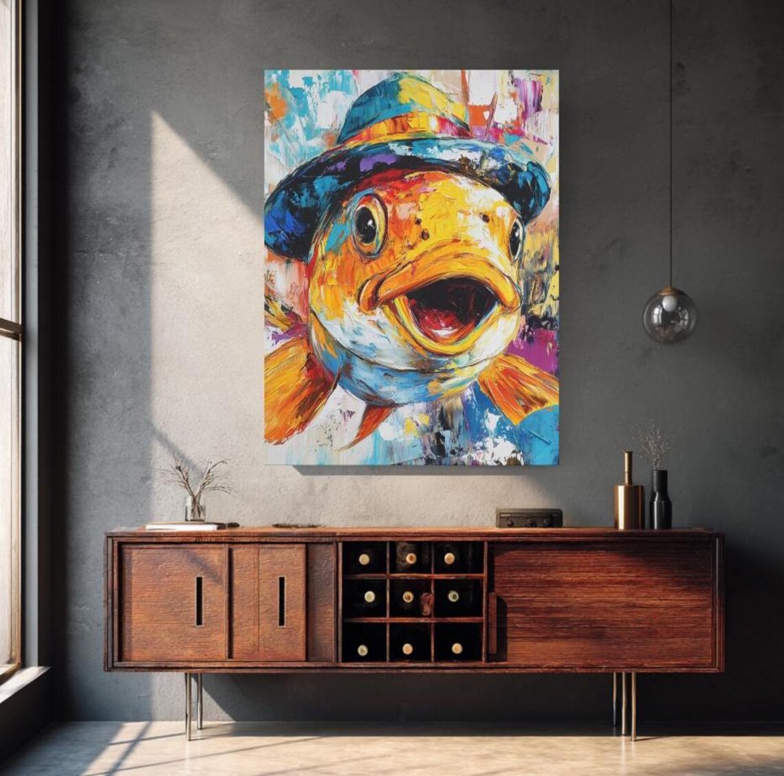 Funny Fish Wearing Hat Colorful Canvas Art Laughing Lake House Decor Poster