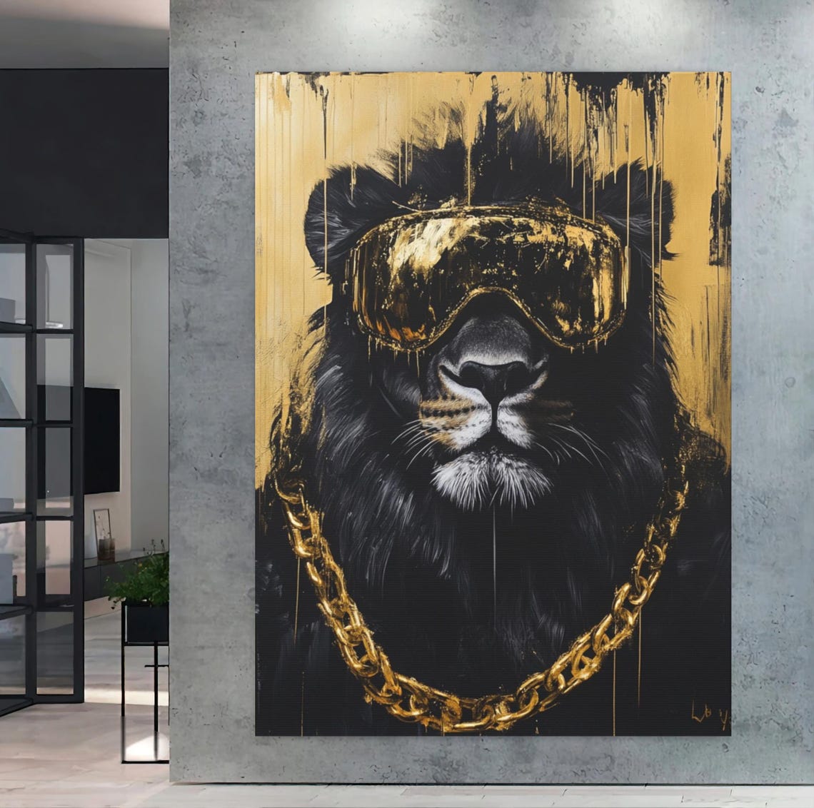 Luxury Black Lion Gold Goggles Chain Bold Statement Canvas Wall Art