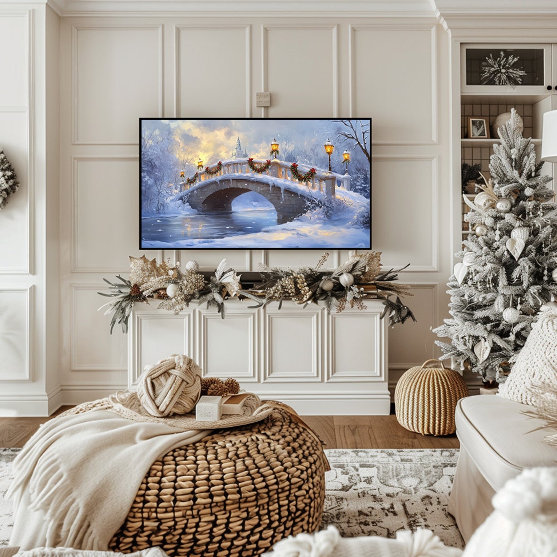 Snowy Stone Bridge with Christmas Garlands Glowing Winter Night Poster - Image 5