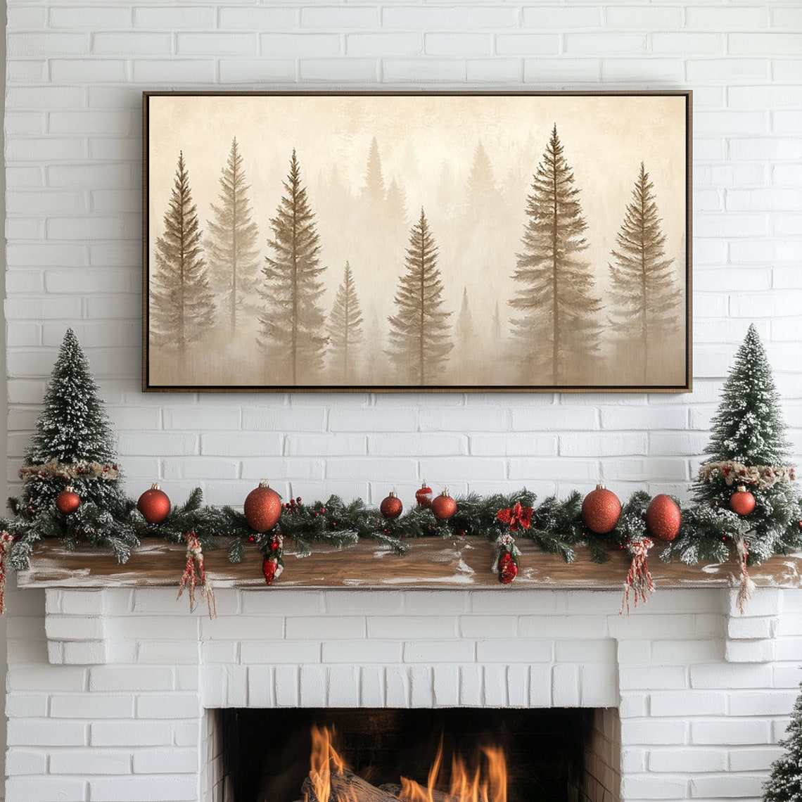 Misty Beige Winter Pine Forest Foggy Minimalist Landscape Wall Art - Image 5