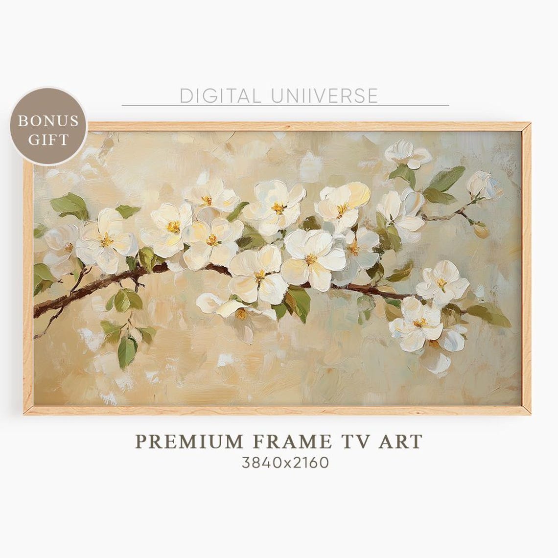 White Cherry Blossoms Branch Beige Impasto Floral Art Wall Art