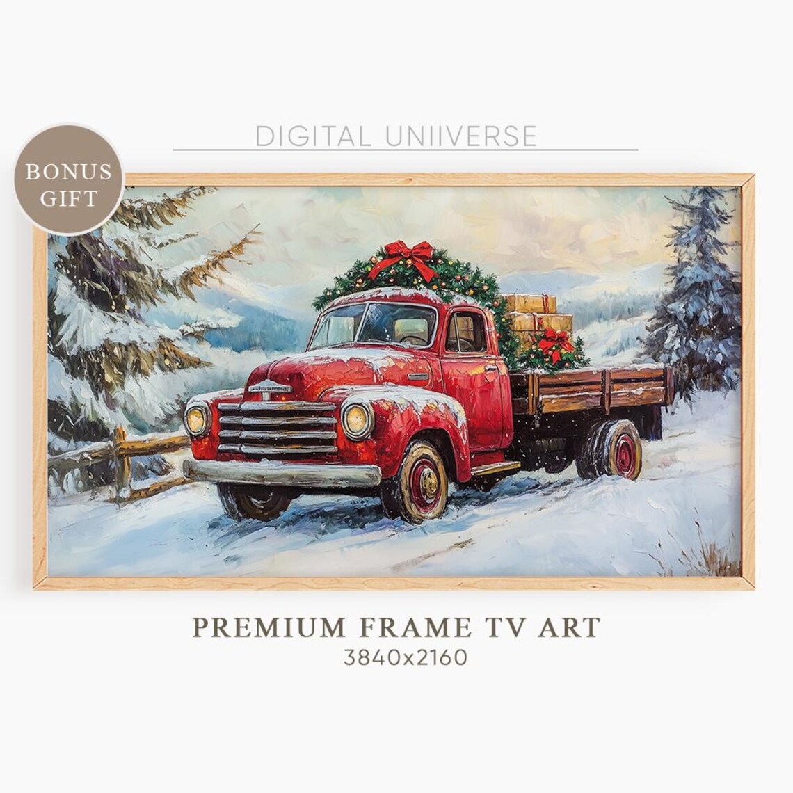 Vintage Red Pickup Truck Christmas Tree Snowy Holiday Painting Poster