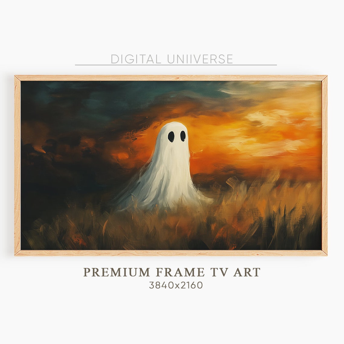 Cute Ghost in Golden Field at Fiery Sunset Halloween Art Poster