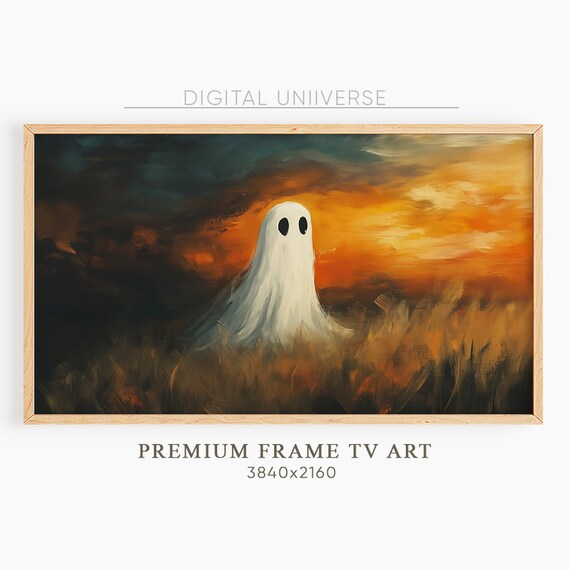 Cute Ghost in Golden Field at Fiery Sunset Halloween Art Poster