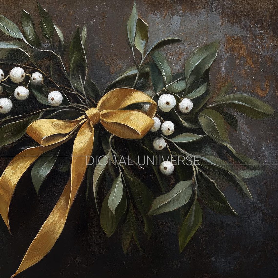 Mistletoe Berry Bouquet with Gold Bow Dark Christmas Botanical Poster - Image 3