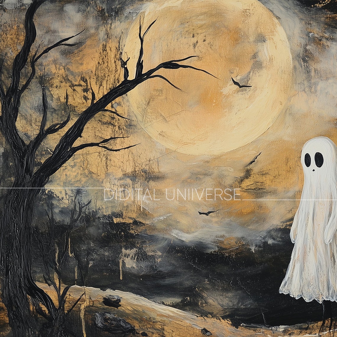 Ghost Beneath Golden Harvest Moon Haunted Forest Halloween Poster - Image 4
