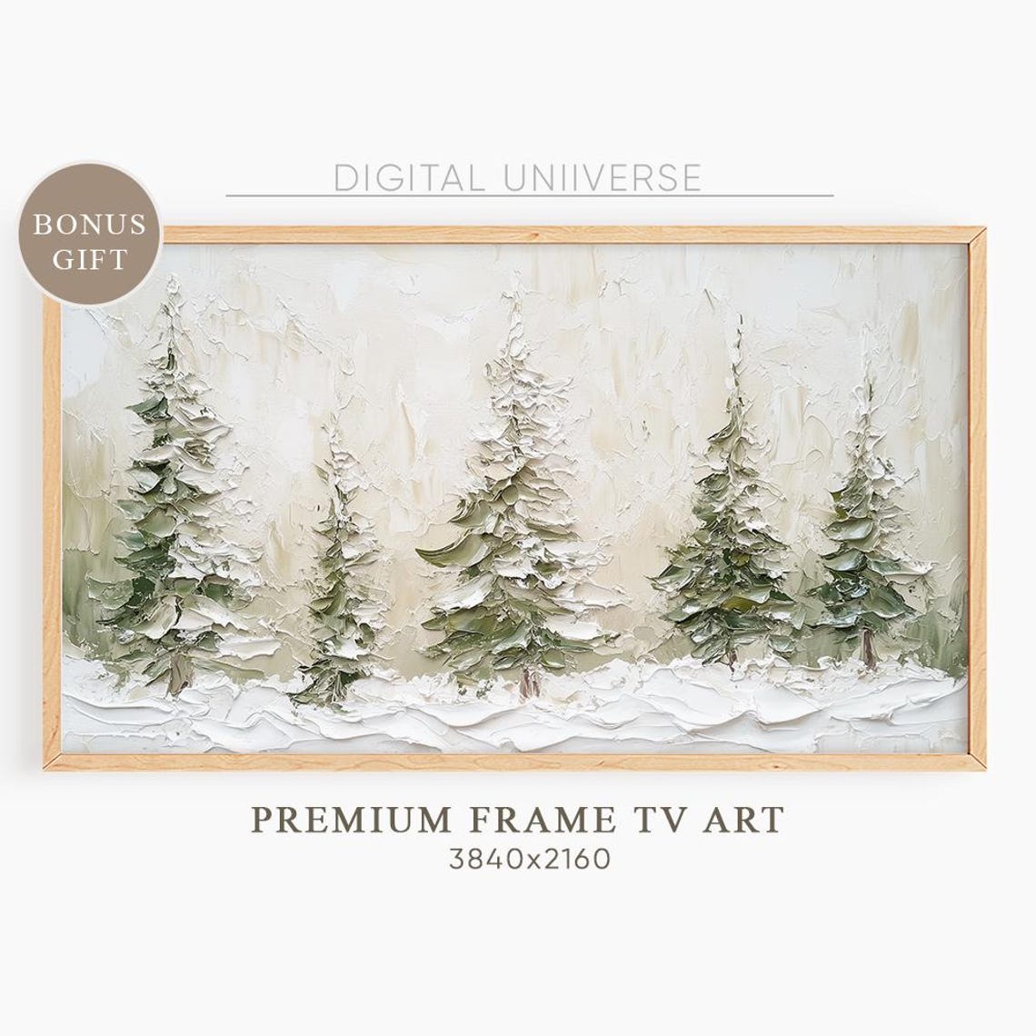 Five Textured Snow Covered Evergreen Trees Winter Scene Wall Art