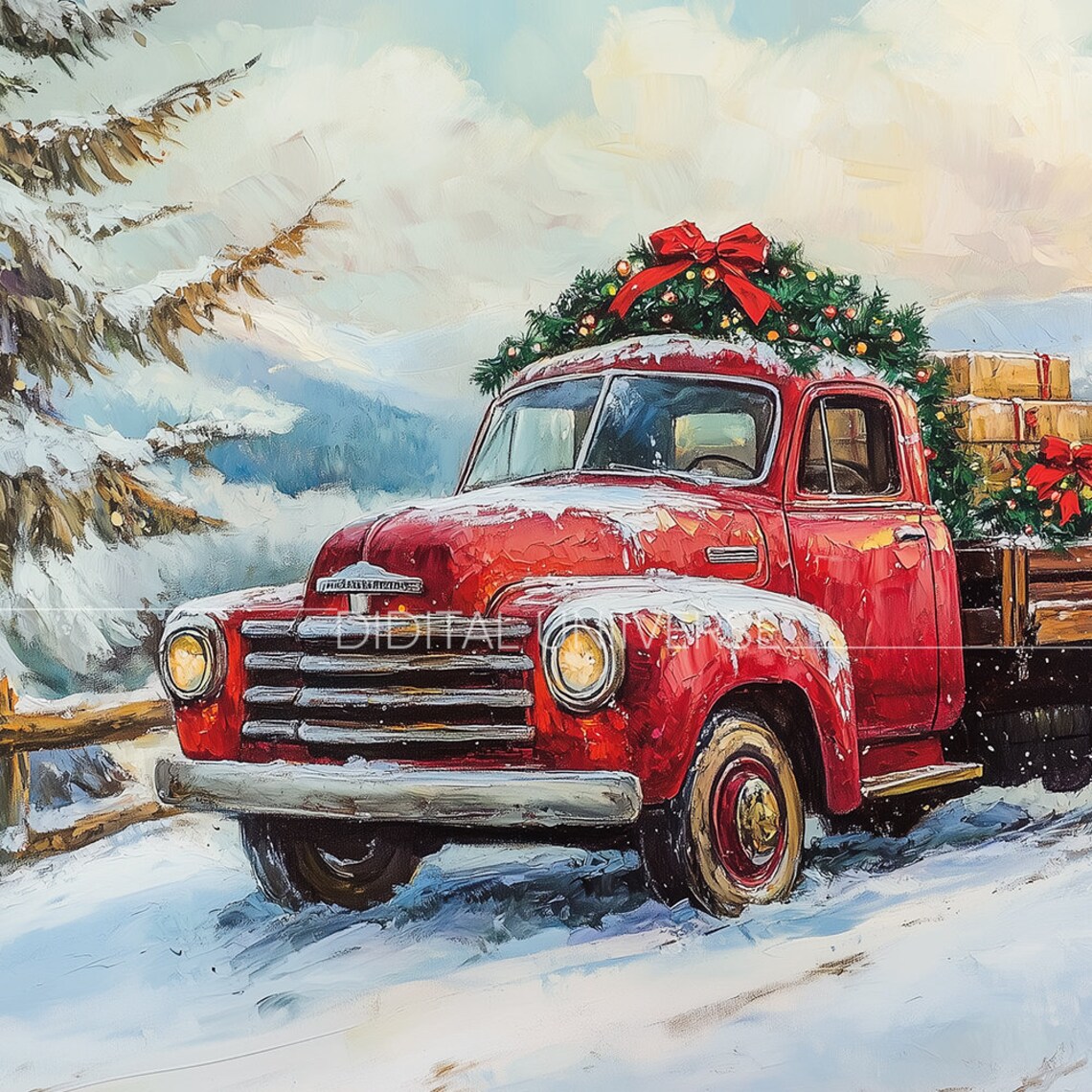 Vintage Red Pickup Truck Christmas Tree Snowy Holiday Painting Poster - Image 4