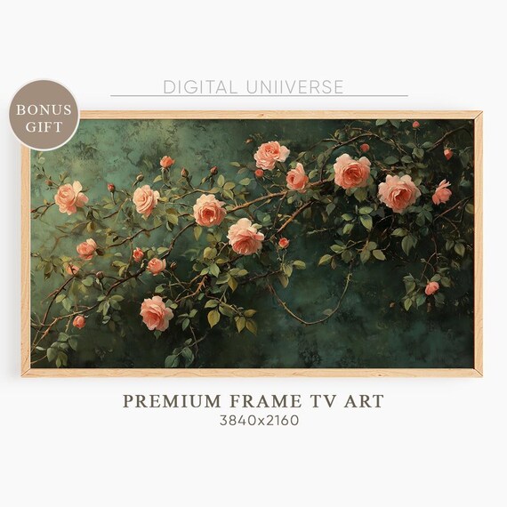 Pink Climbing Roses on Dark Green Moody Botanical Art Wall Art