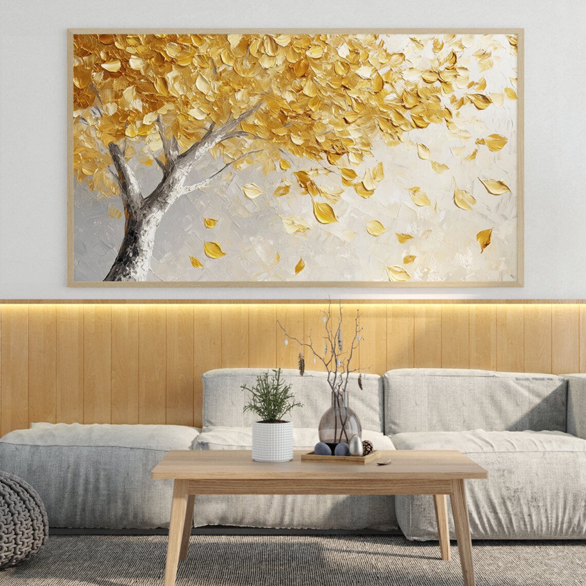 Golden Autumn Tree with Falling Leaves Impasto Oil Painting Wall Art - Image 7