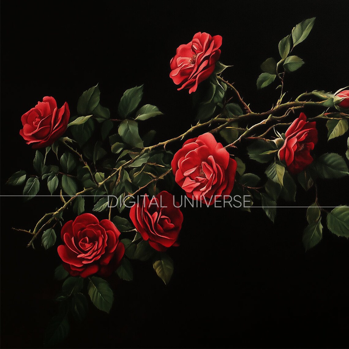 Dramatic Red Rose Garland on Black Moody Botanical Art Wall Art - Image 3
