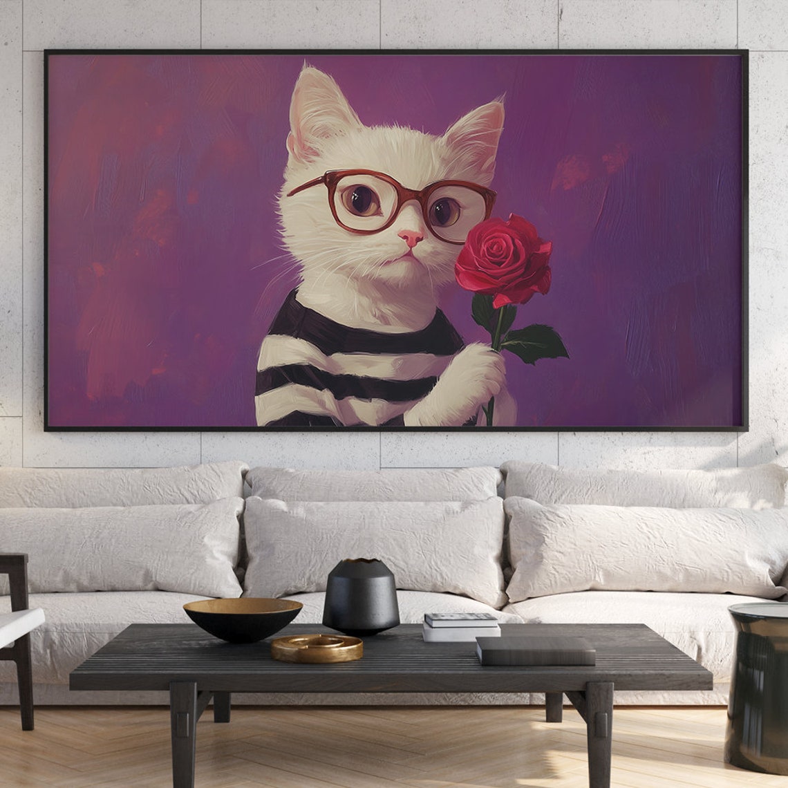 Smart White Cat with Glasses Holding Red Rose Valentine Poster - Image 5