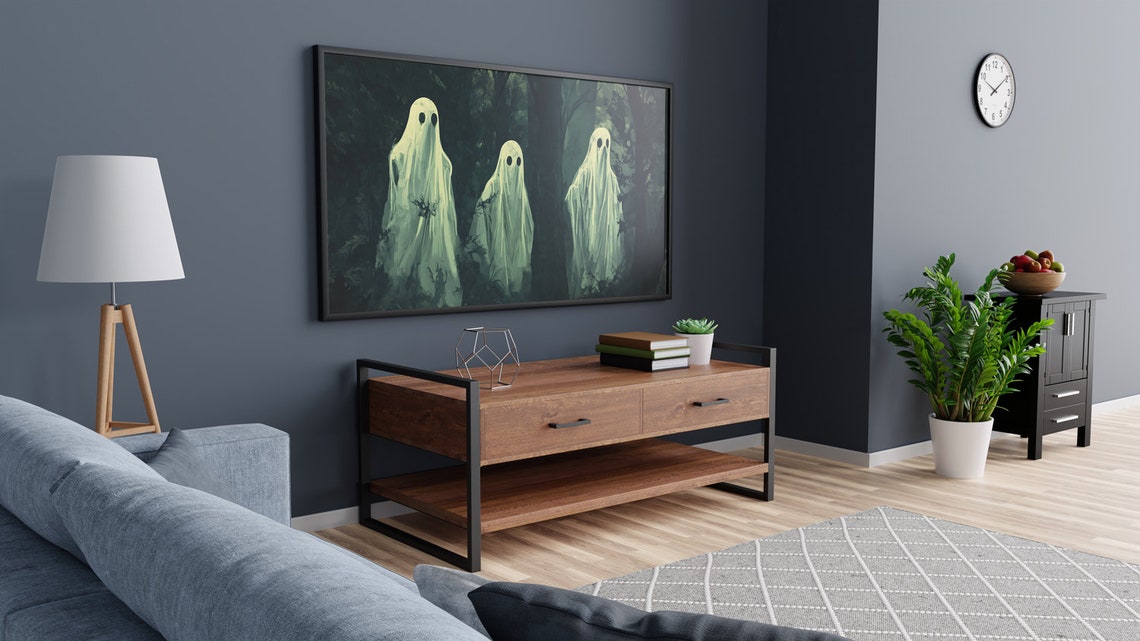 Three White Ghosts Dark Forest Moody Spooky Halloween Painting Poster - Image 5