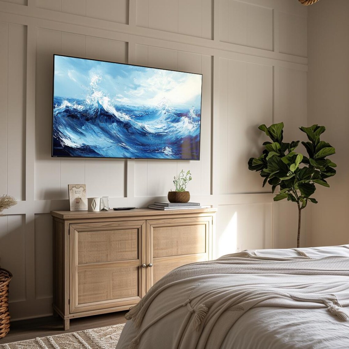 Dramatic Blue Ocean Waves Crashing Stormy Sea Painting Wall Art - Image 5