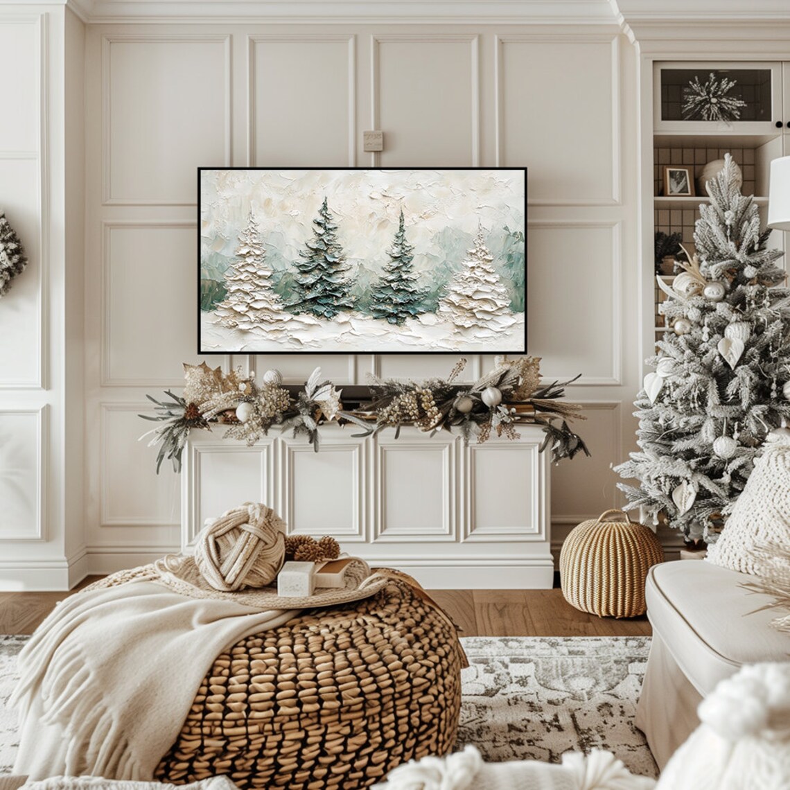 Textured Impasto Snowy Pine Trees Winter Painting Scenic Wall Art - Image 5