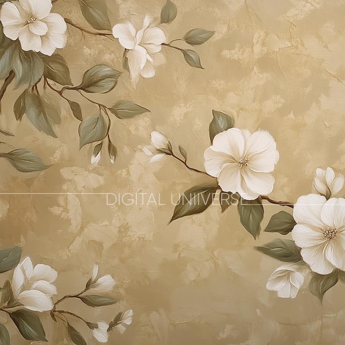 Elegant White Blossoms Gold Background Floral Painting Wall Art - Image 3