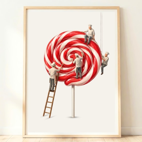 Giant Red Lollipop Painted by Tiny Chefs Whimsical Candy Sweet Shop Poster