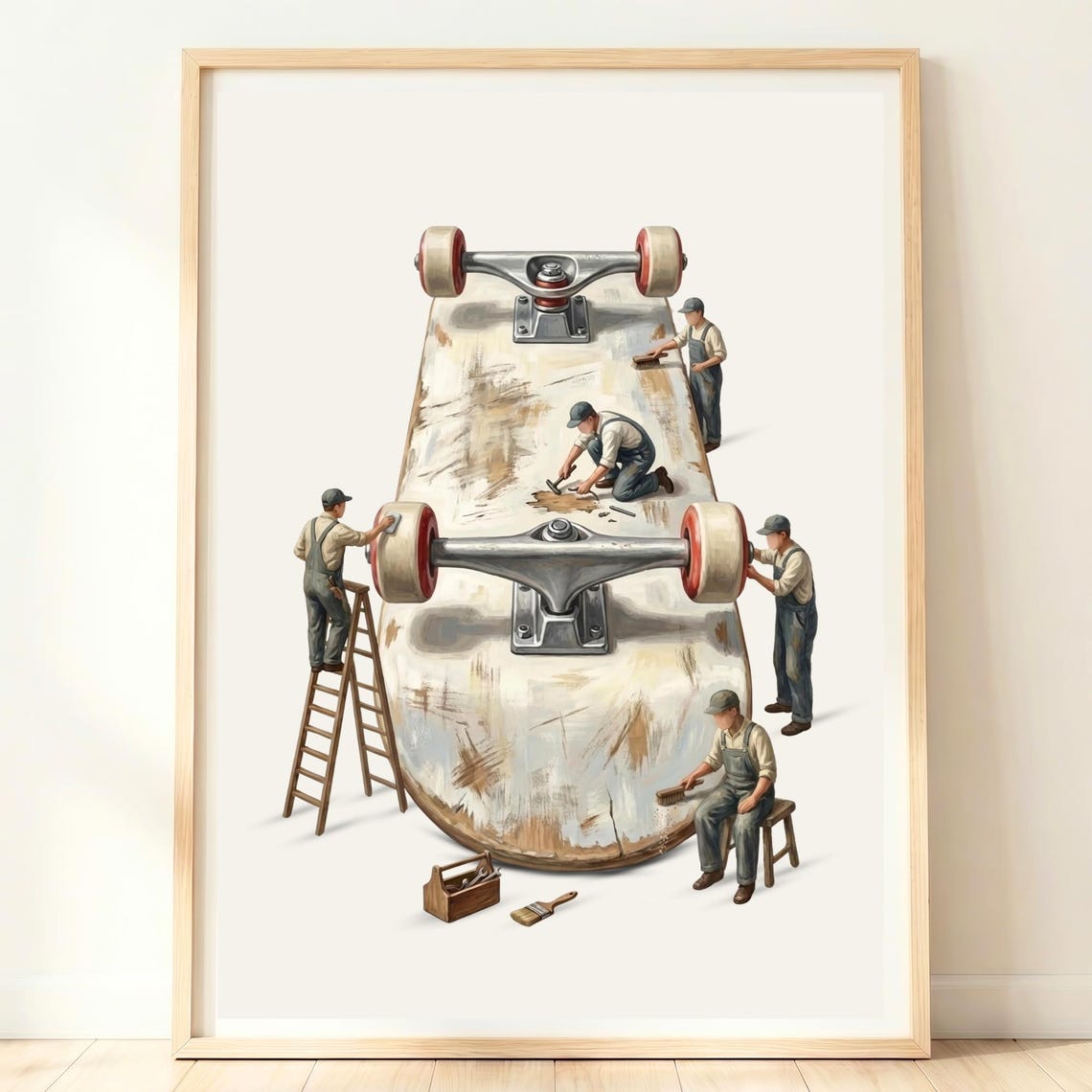 Tiny Workers Repairing Giant Skateboard Whimsical Urban Poster