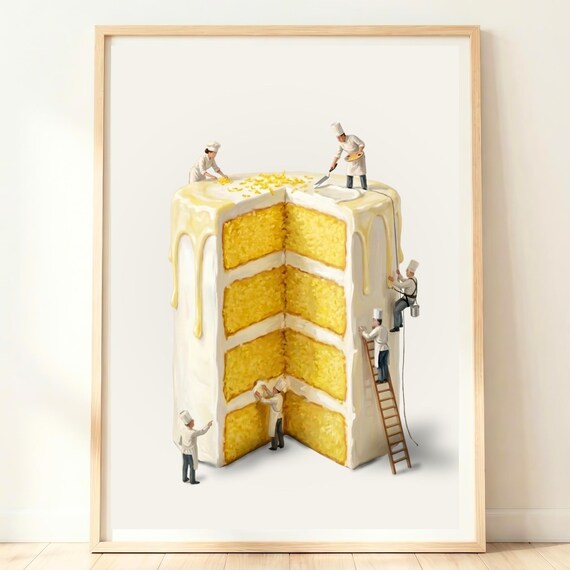 Summer Kitchen Decor Lemon Drizzle Cake Print Seasonal Wall Yellow Food Art