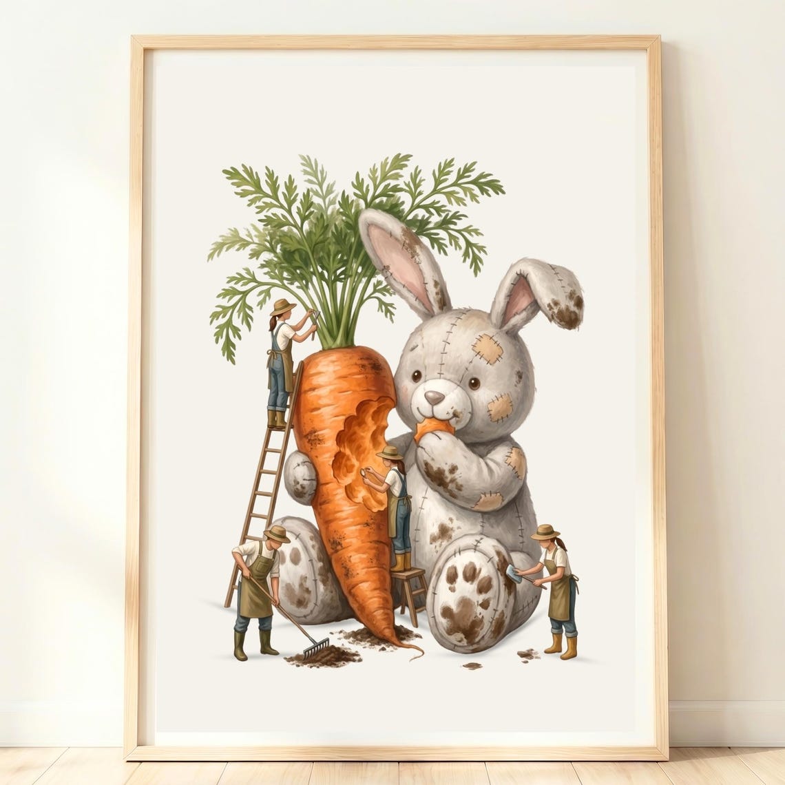 Plush Bunny With Giant Carrot Garden Whimsical Kids Nursery Poster
