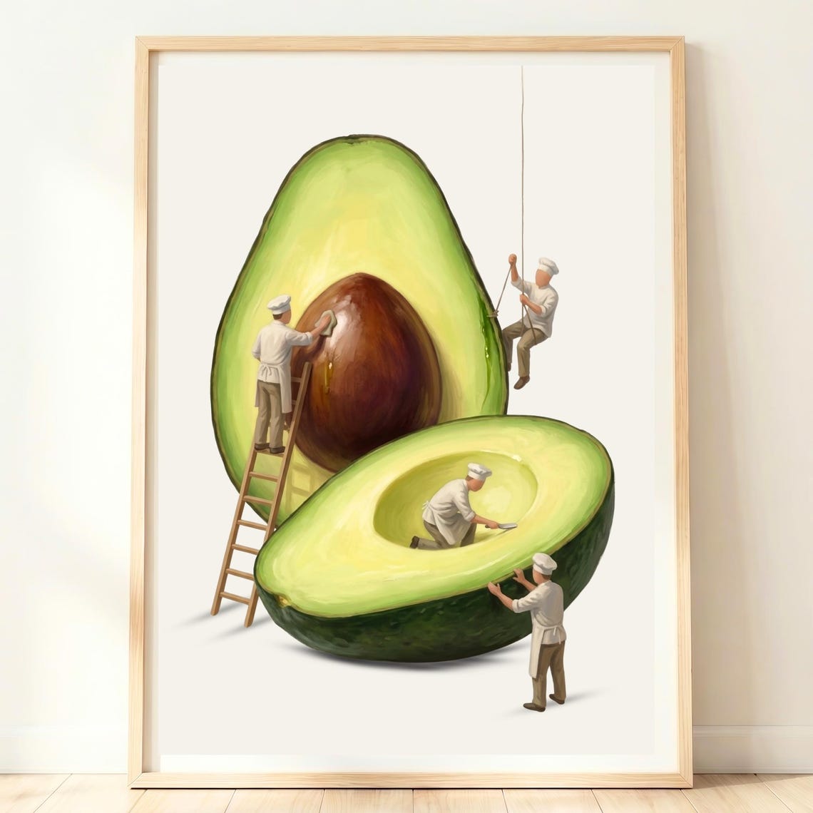 Giant Avocado Half Tiny Chefs Surreal Green Kitchen Art Poster