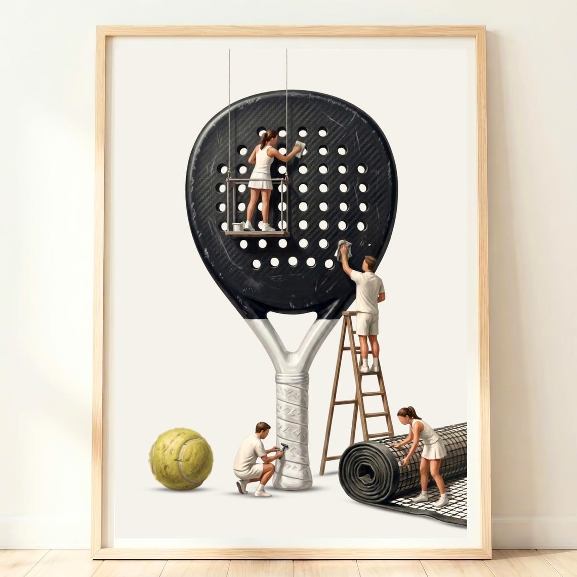 Padel Racket Tiny Players Cleaning Giant Racket Funny Sport Poster