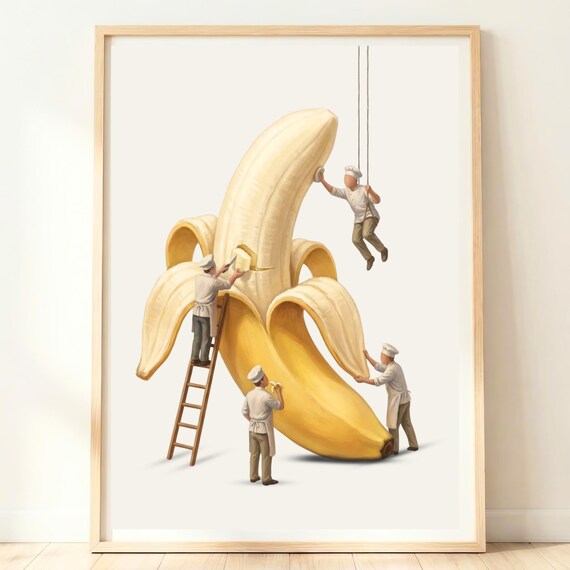 Giant Banana With Tiny Chefs Playful Yellow Fruit Kitchen Wall Print