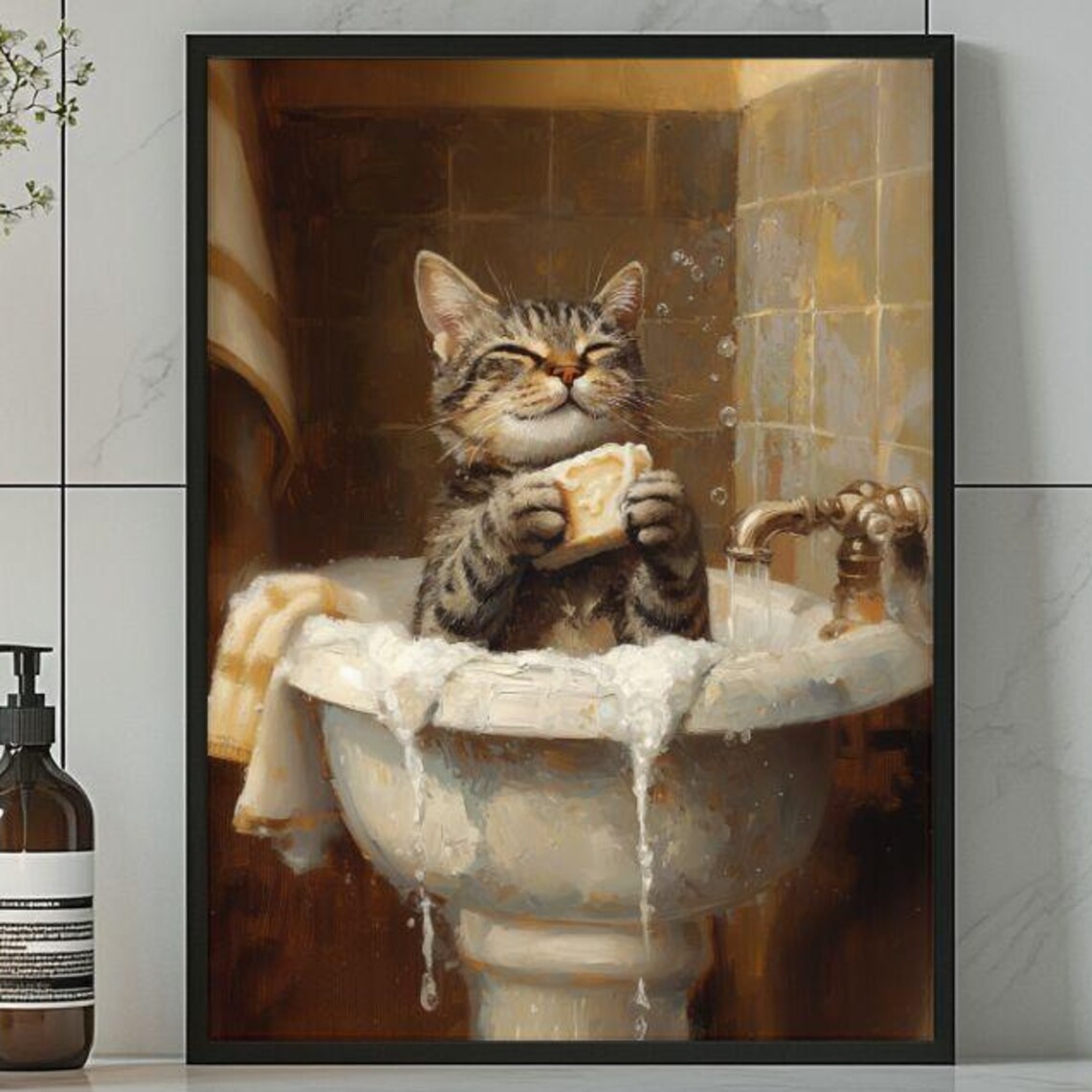 Tabby Cat Taking Bath In Sink Cute Bathroom Art Print