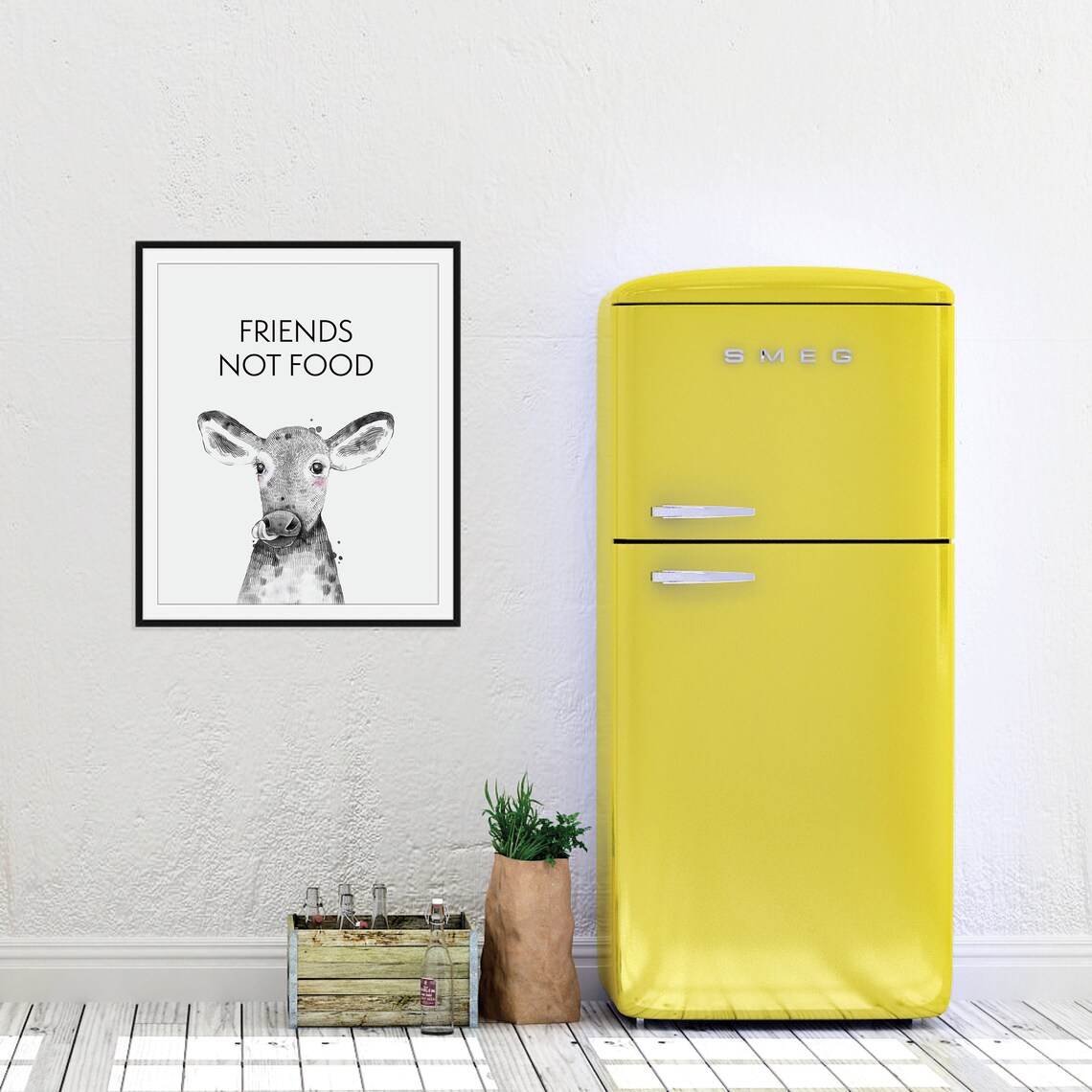 Friends Not Food Cow Portrait Vegan Minimalist Black White Print - Image 4