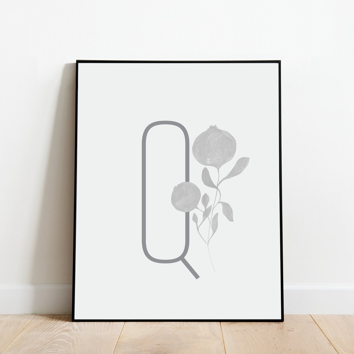 Letter Q Botanical Initial Wall Art with Black Branch Silhouette - Image 2
