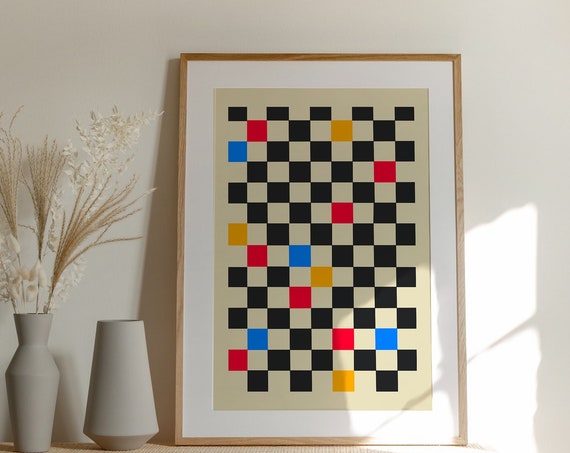Primary Color Checkered Wall Art Geometric Minimalist Poster Pop Of Color Art For Your Bedroom Or Living Space