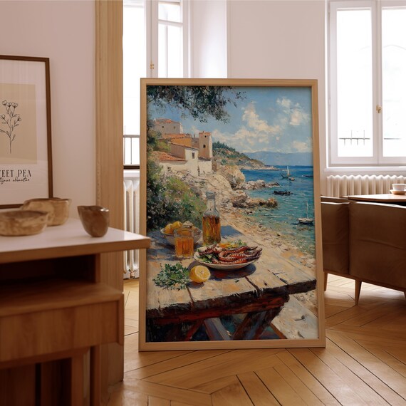 Coastal Dining Scene Octopus Lemons Seaside Village Art Poster