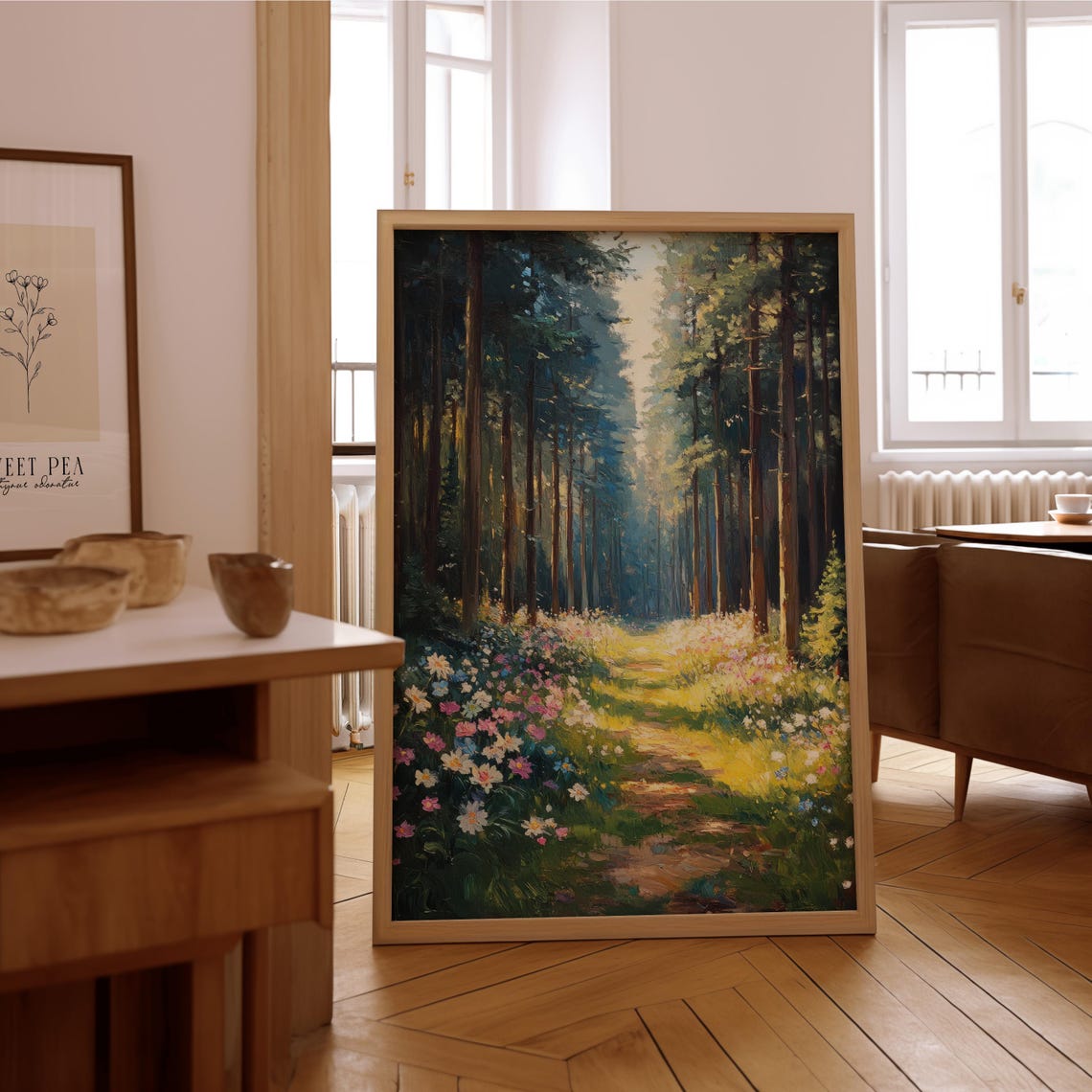 Sunlit Forest Path Wildflower Meadow Landscape Painting Print