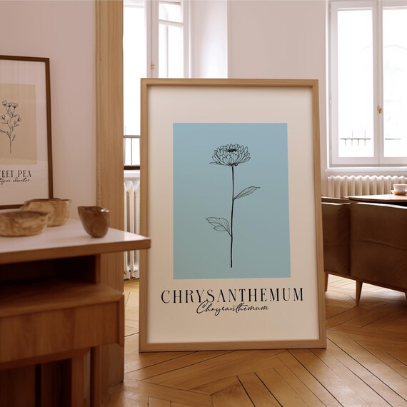 Chrysanthemum Line Art Print Soft Blue Minimalist Floral Decor Framed Or Unframed Poster Gift For Plant Nature Lovers