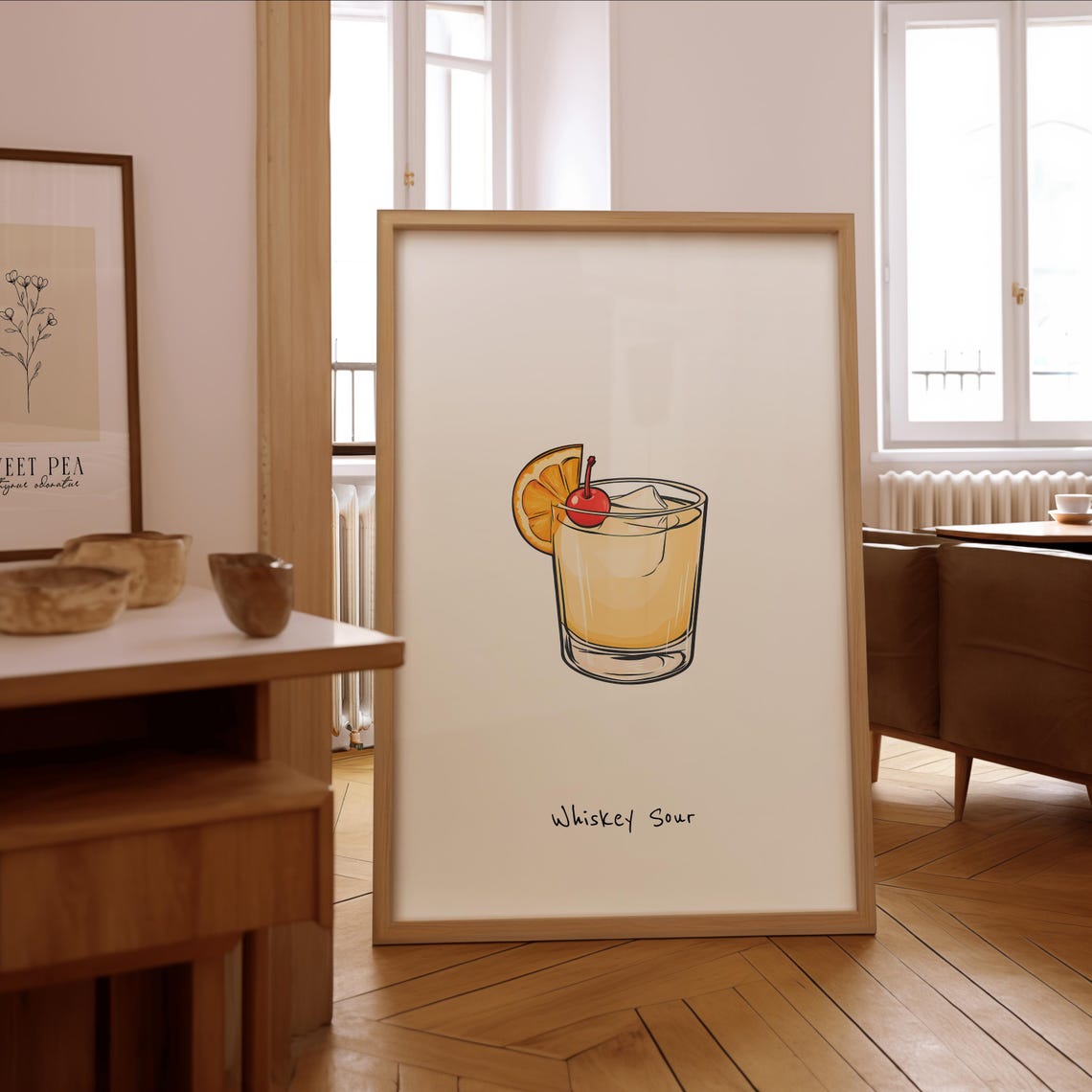 Whiskey Sour Cocktail Hand Drawn Illustration Minimalist Bar Poster