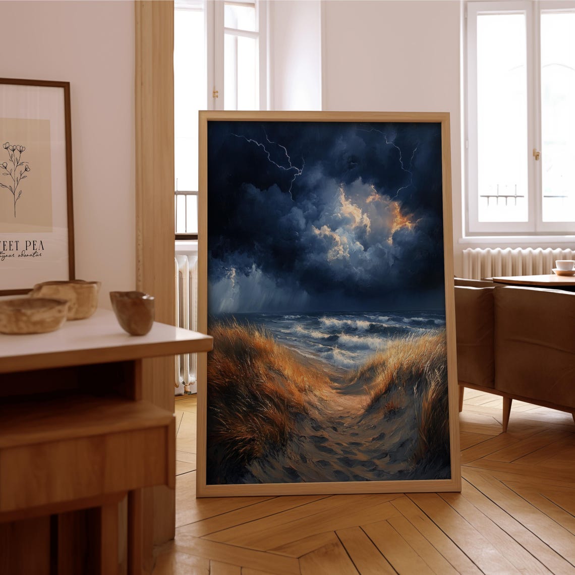 Stormy Night Seascape Lightning Beach Dunes Dramatic Art Poster
