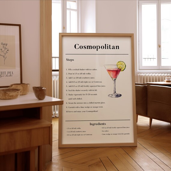 Cosmopolitan Cocktail Recipe Poster Classic Drink Guide Bar Art