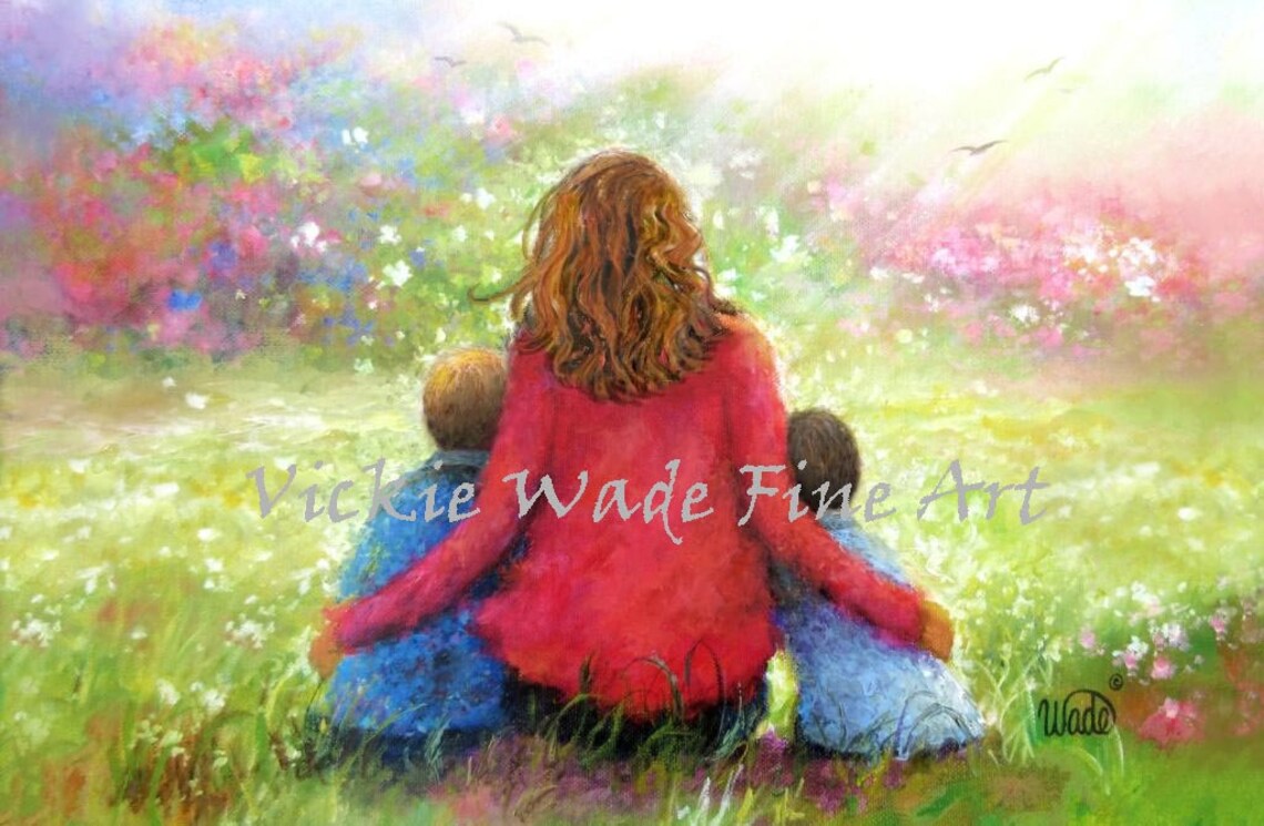 Mother In Red Hugging Two Sons In A Flower Meadow Art Poster - Image 2