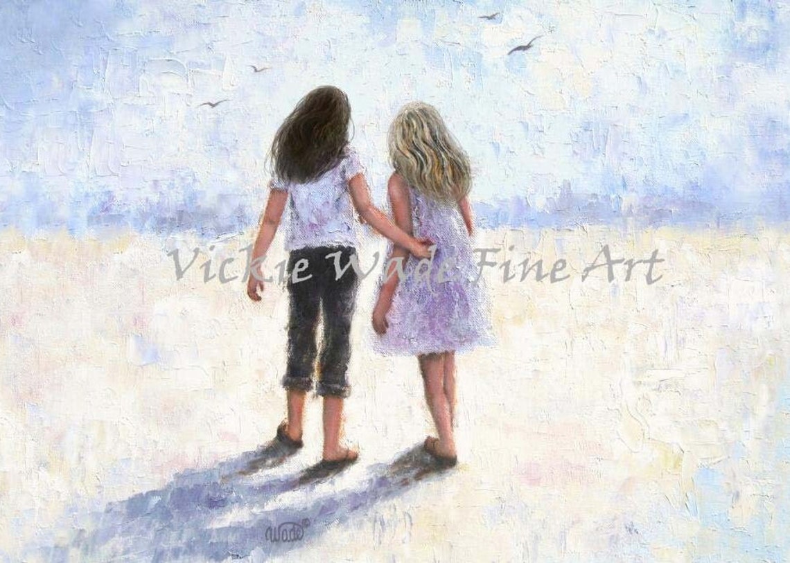 Two Young Sisters Walking Arm In Arm Along The Sandy Beach Poster