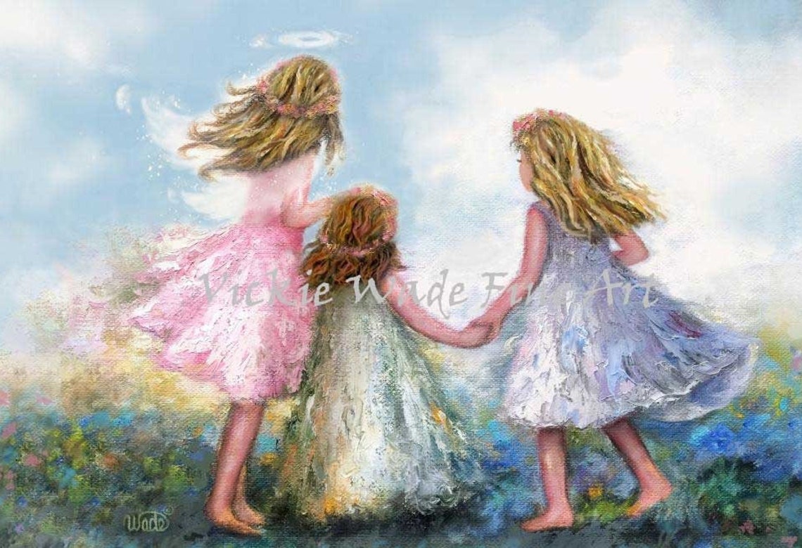 Three Little Sisters Dancing Together in a Flower Field Poster - Image 3