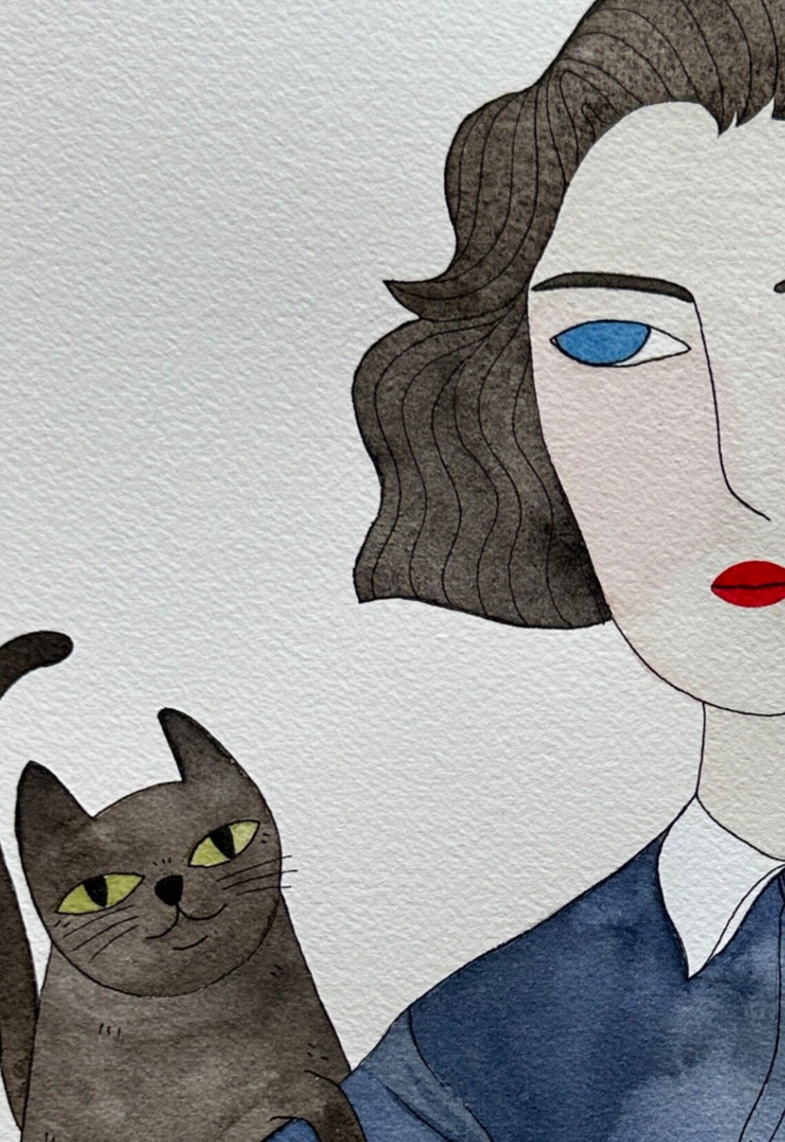 Vintage Woman Drinking Tea With Her Black Cat, Art Print - Image 2