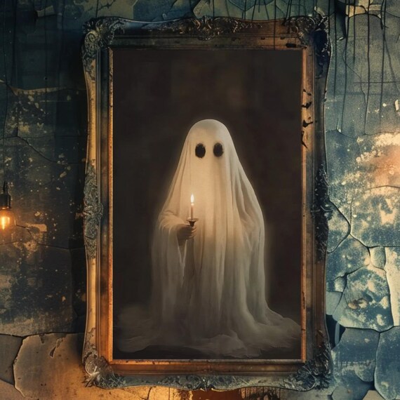 Ghost Holding Candle Darkness Ornate Golden Frame Haunting Night Poster