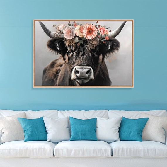 Framed Wall Art Cute Cow Wearing Flowers Farmhouse Decor Farmhouse Wall At Extra Large Boho Decor Modern Art Minimalist Rustic