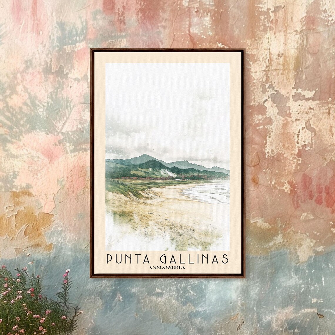 Punta Gallinas Colombia Pale Windswept Beach Green Hills Misty Coast Watercolor Poster