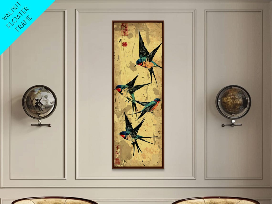Colorful Swallows In Flight On Aged Gold Japanese Ukiyo E Art Poster - Image 6